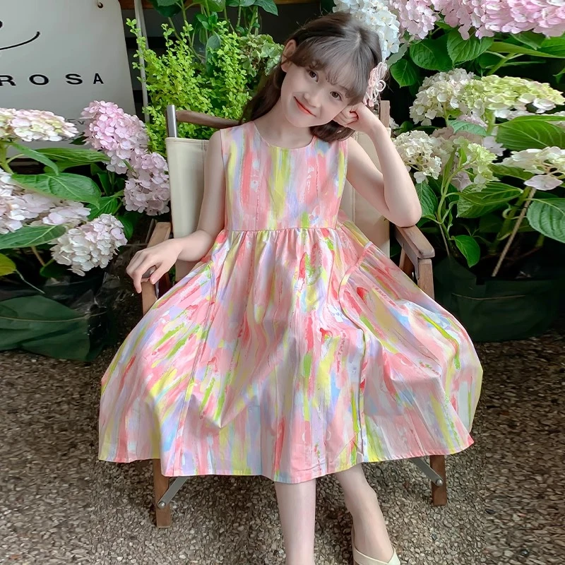 女童扎染连衣裙夏季2025新款中大童油画风背心裙子纯棉无袖沙滩裙