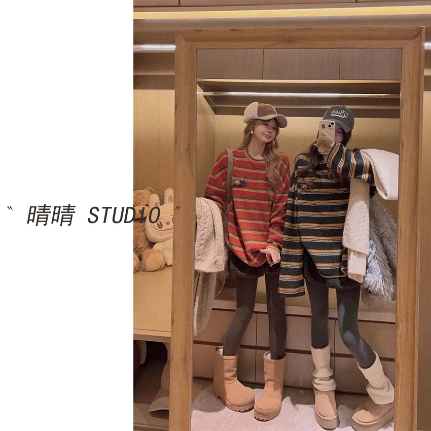 晴晴家-「甜系条纹」25年冬韩系毛绒加厚撞色条纹宽松长袖T恤5306
