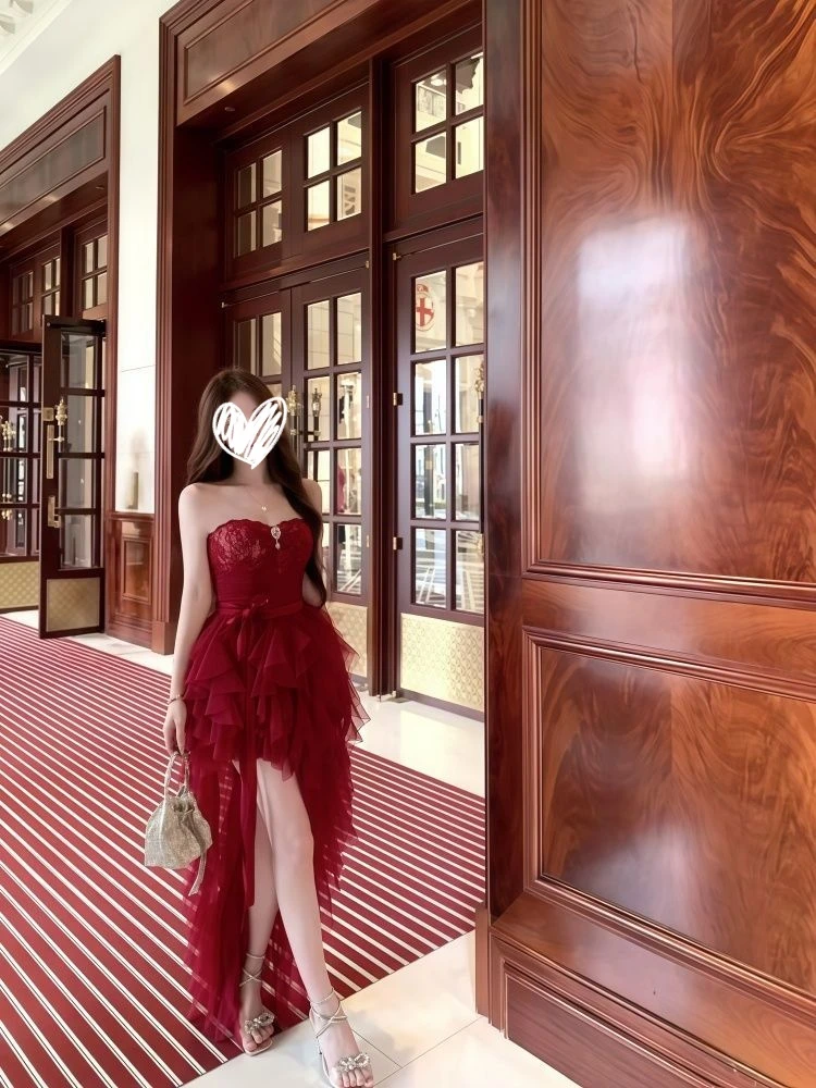 挚爱幻想~长款圣诞主题套裙 复古纯欲风蕾丝包臀裙+绝美网纱拖尾