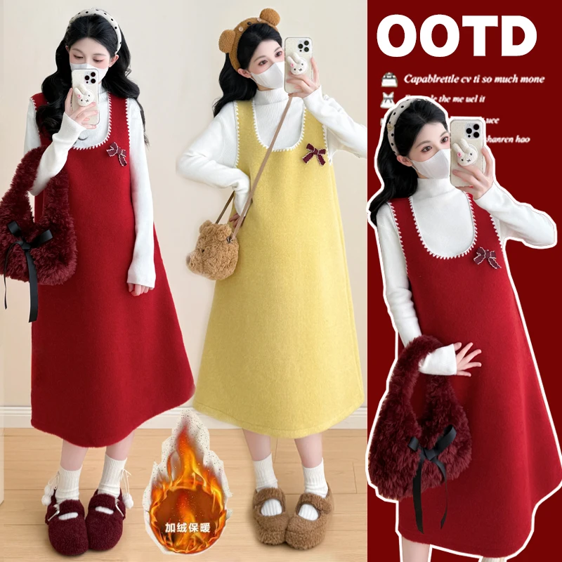 孕妇装秋冬新款洋气时尚小个子加绒针织上衣显瘦加厚背心连衣裙子