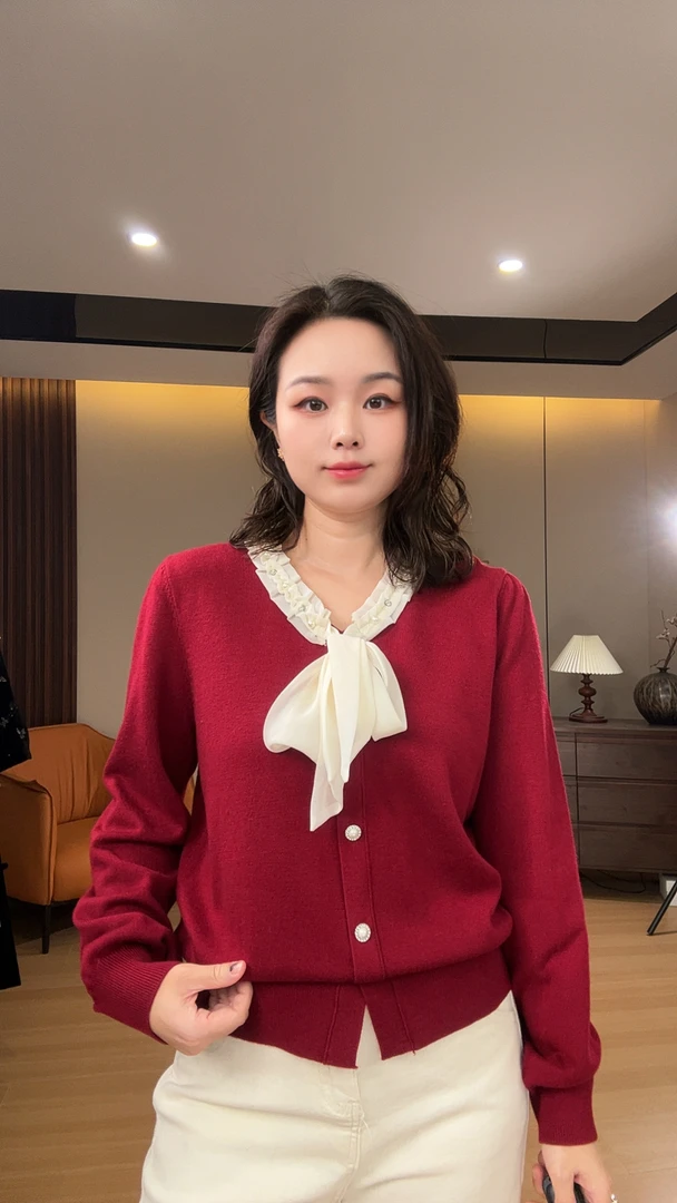 红色开衫毛衣白色蝴蝶结飘带上衣秋冬外套针织开衫