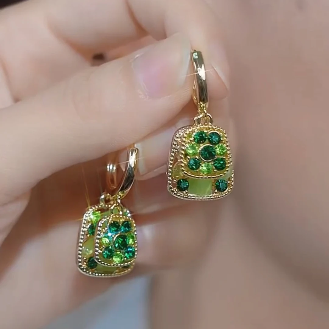 铜合金合成锆石耳饰 轻奢气质绿色法式时尚小众百搭耳环