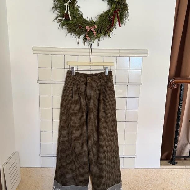 【赵小小yimao】76619 复古港风休闲气质百搭宽松蕾丝边阔腿长裤