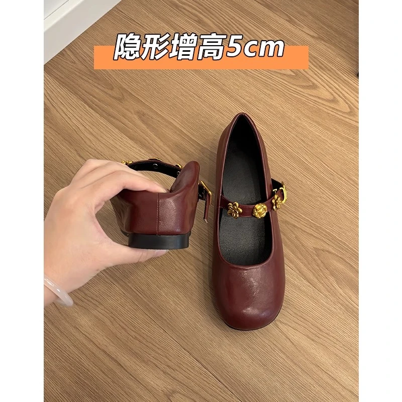 羊皮版~新款小香风平底复古内增高玛丽珍鞋女浅口芭蕾单鞋小皮鞋