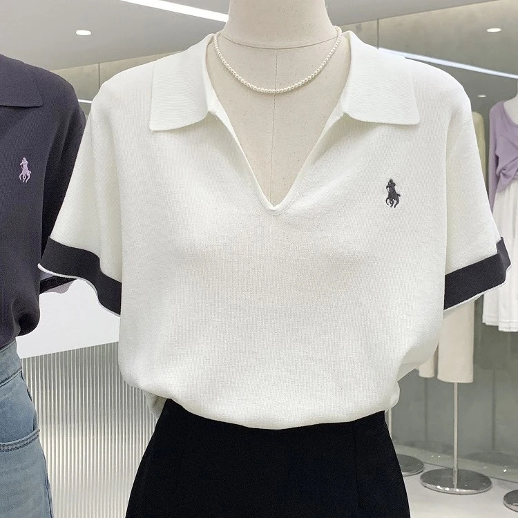 撞色V领小马刺绣针织短袖T恤衫女甜美减龄学院风上衣时尚小众夏季