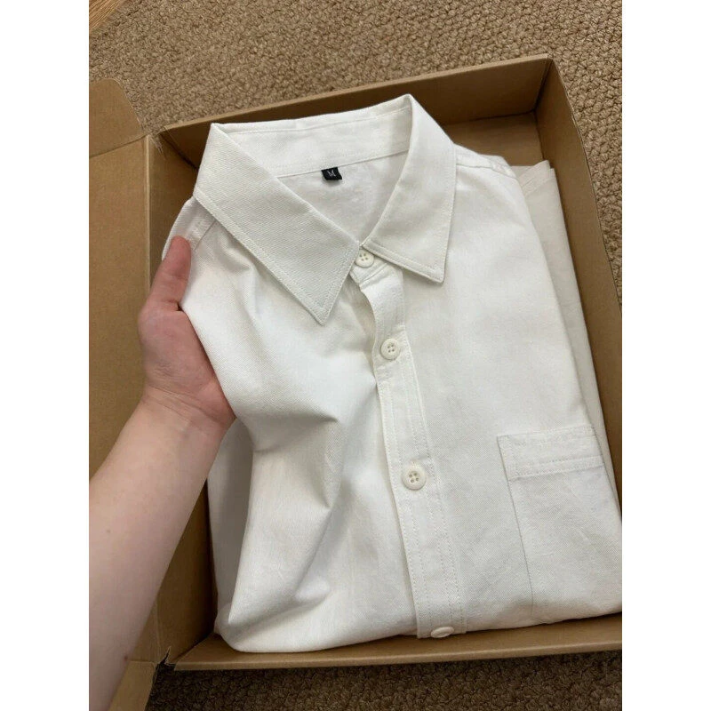 美式复古休闲宽松短袖衬衫男夏季小衫半袖衬衣纯色高级打底衬衫潮