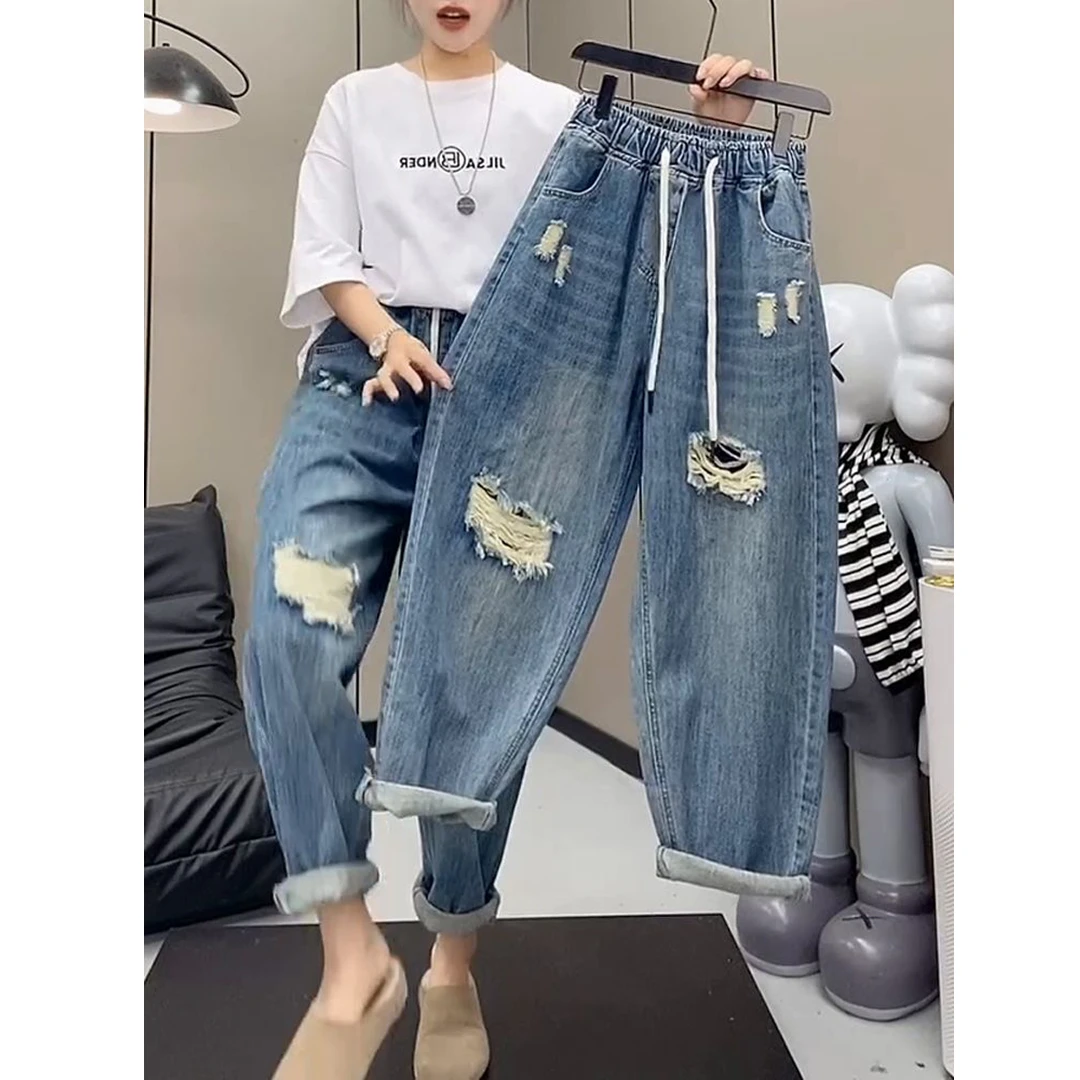 大码高腰牛仔裤女春季新款宽松破洞老爹裤胖mm胯大腿粗显瘦哈伦裤