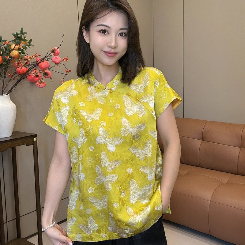 新中式斜襟人丝圆领飞袖夏季薄款宽松上衣新中式短袖女上衣61732