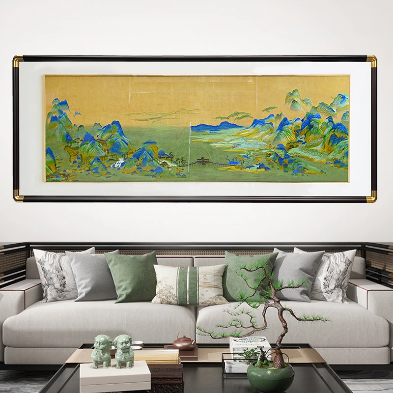 新款千里江山图悬浮装裱刺绣装饰画新中式风格客厅沙发背景墙挂画