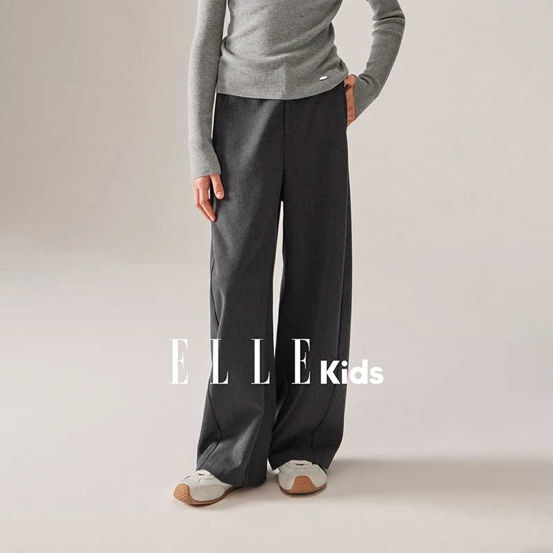 ELLE KIDS 复古弯刀休闲裤女童秋季新款智性百搭斜纹混纺裤子F4