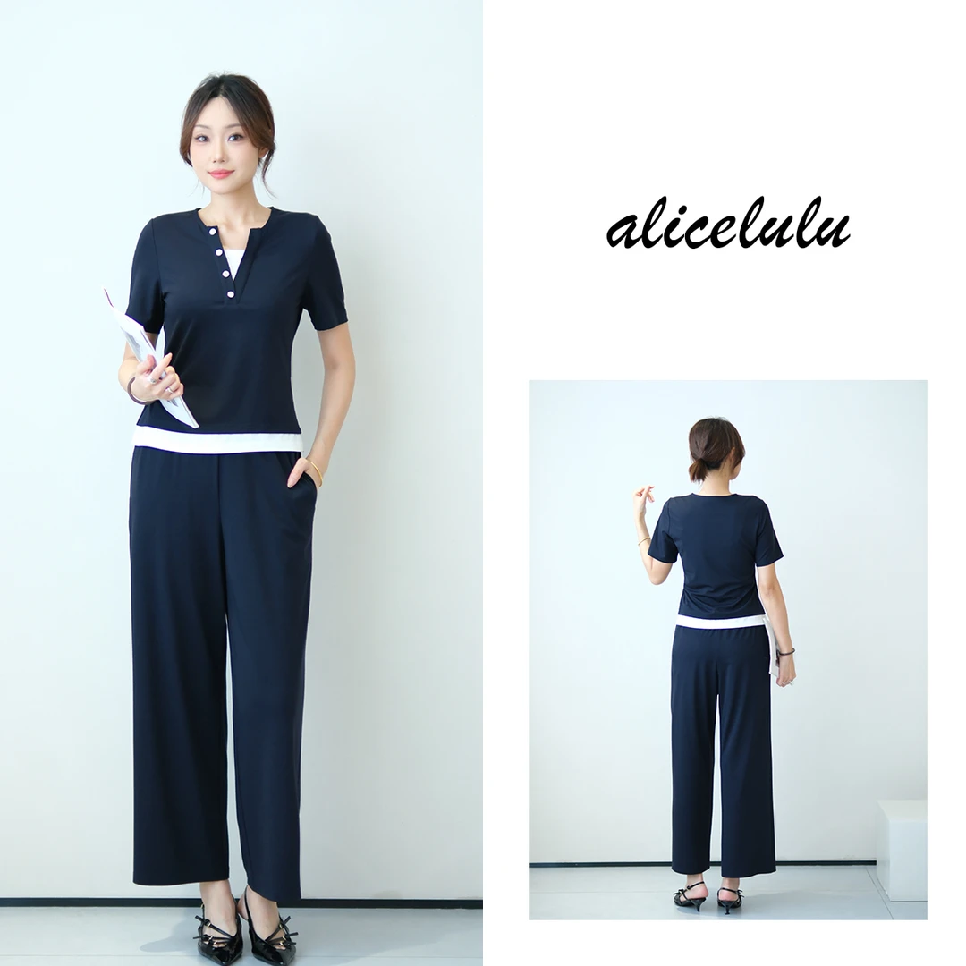 2 alicelulu休闲运动套装拼接上衣阔腿裤两件套S2143565L