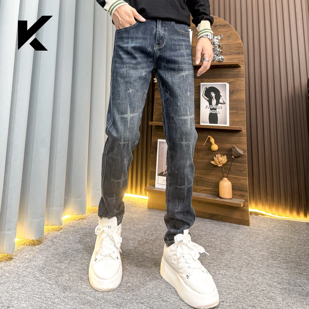 秋季新款百搭时尚简约潮流休闲蓝色暗花弹力修身牛仔小脚长裤男