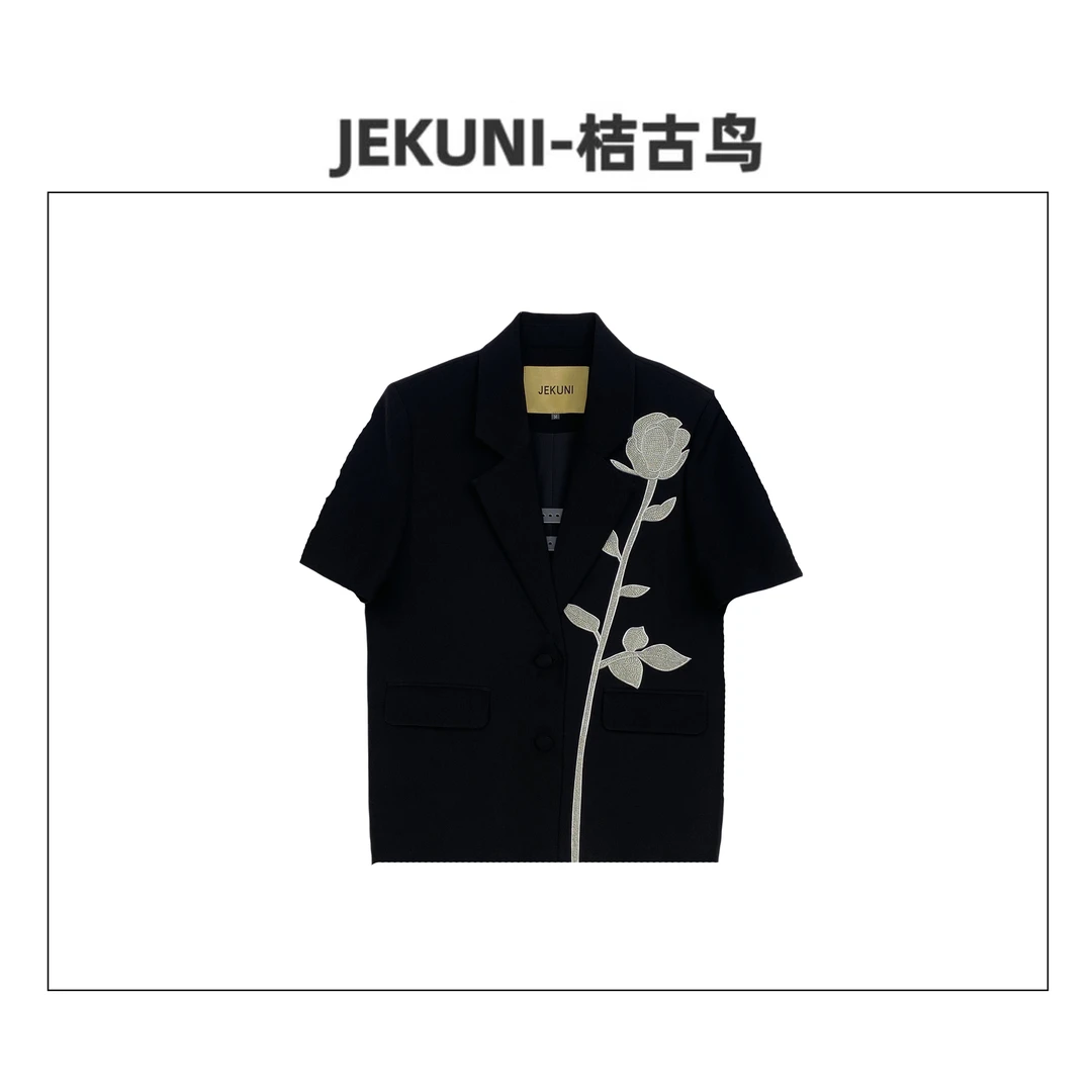 JEKUNI/桔古鸟【优雅代言】夏季黑色玫瑰花设计师西服气质西装女