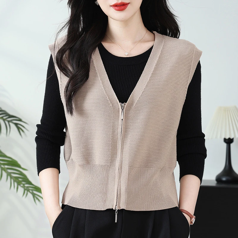 短款拉链针织开衫马甲背心女士春秋2025新款时尚外穿V领毛衣坎肩