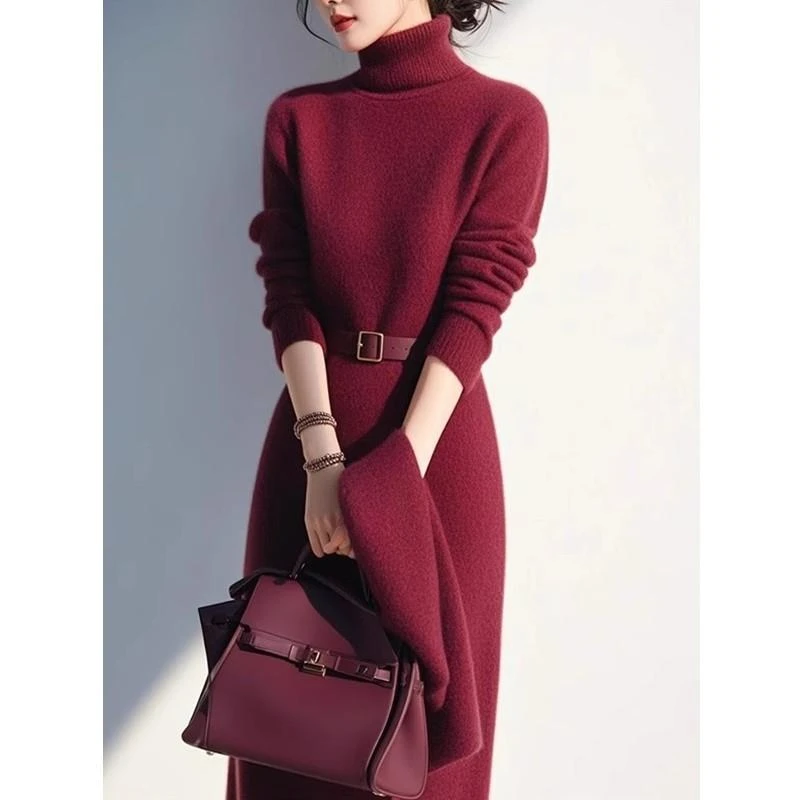 法式轻熟风红色高领毛衣连衣裙秋冬配大衣收腰显瘦内搭针织长裙子