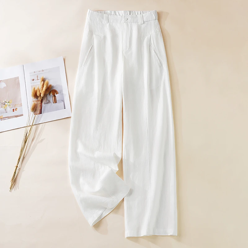 米白色天丝亚麻阔腿裤女夏薄款高腰休闲冰丝裤慵懒感棉麻裤子古风
