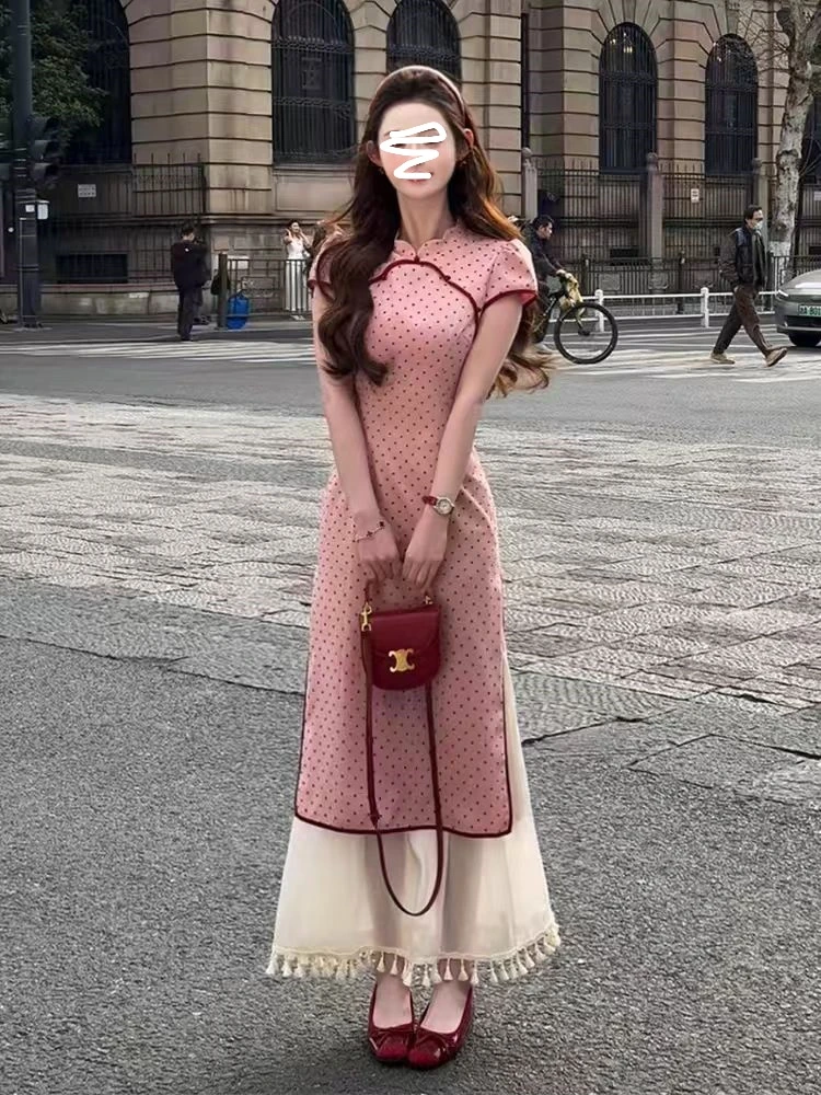 现593-1#新中式温婉粉色波点改良旗袍连衣裙夏新款设计感拼接修身