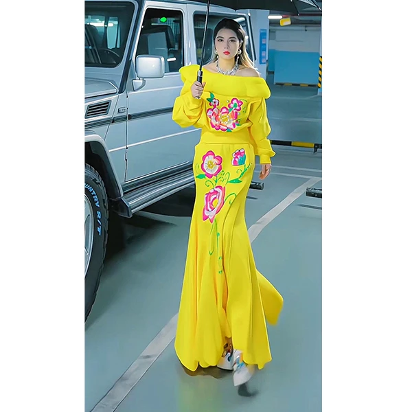 JIE LI/街力新款设计师潮流小众个性时尚休闲黄色套装女T9913