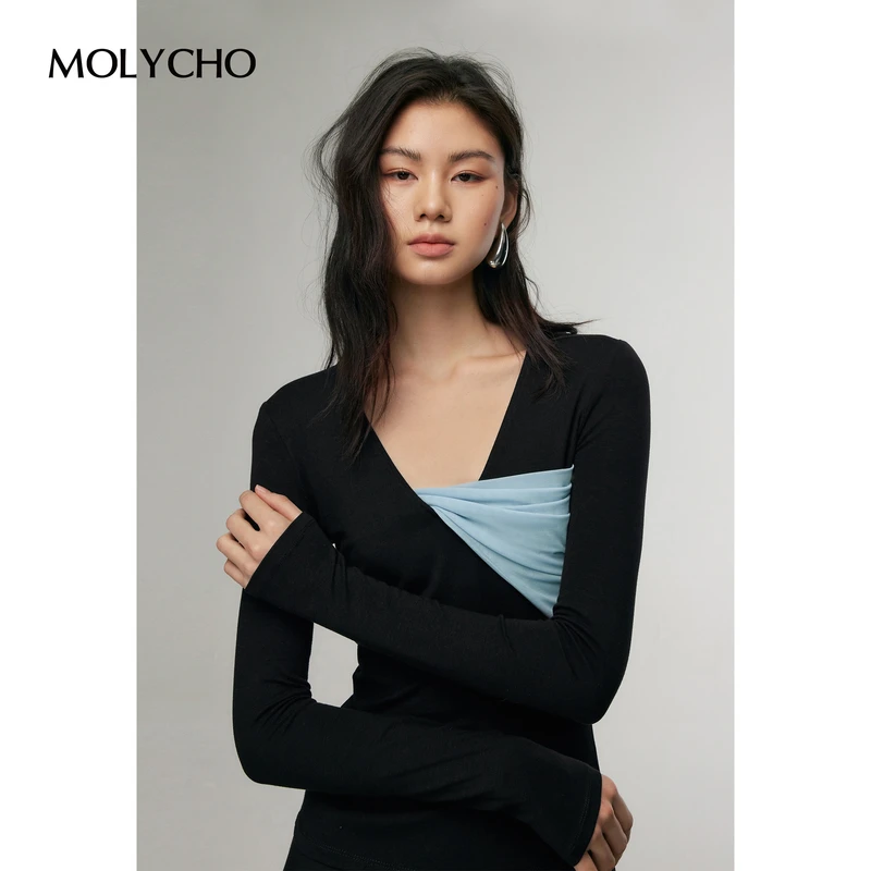 MOLYCHO设计感撞色长袖t恤女春季新款修身显瘦气质内搭打底上衣