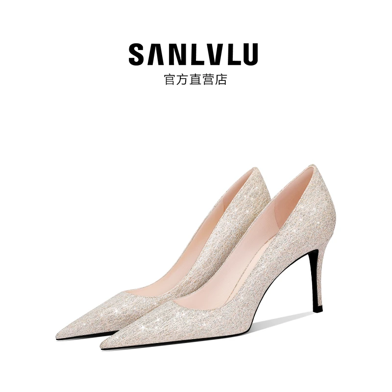 SANLVLU三明 法式仙女订婚鞋女尖头细高跟鞋纪念日蕾丝性感单鞋