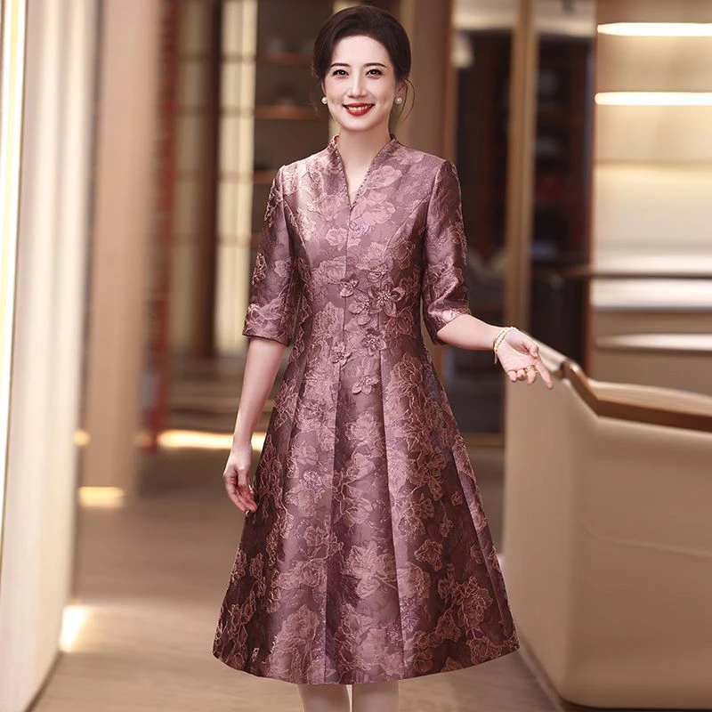 高档喜婆婆喜妈妈婚宴春装紫色V领连衣裙A字裙伞裙礼服高端中长款