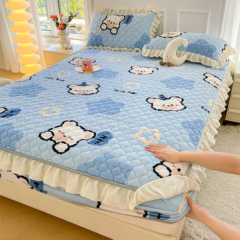 冬季花边牛奶绒夹棉床笠单件加厚绗缝珊瑚绒床罩秋学生宿舍床垫套