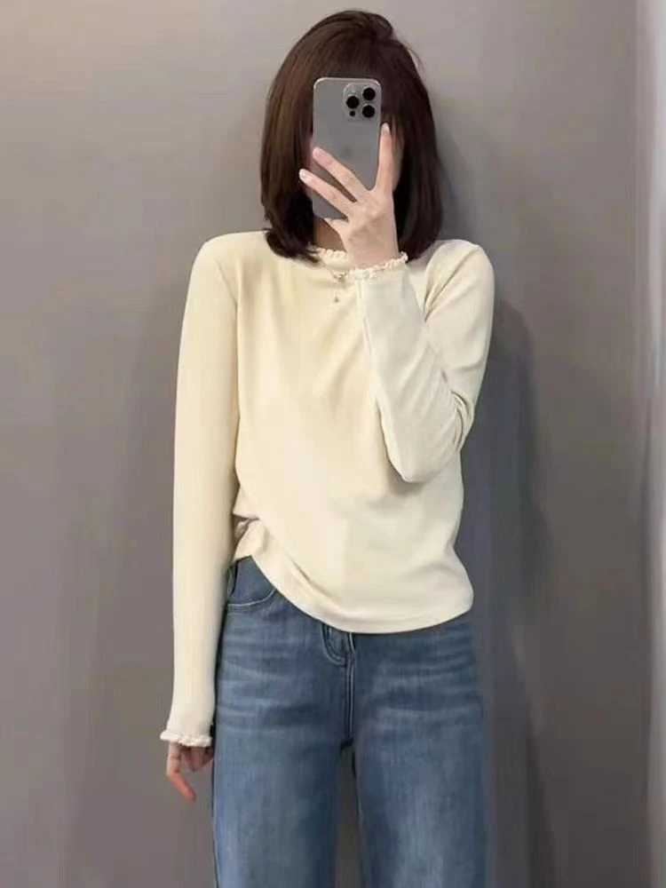 040女装T恤常规款木耳领千金风极简风半高领长袖衬衫