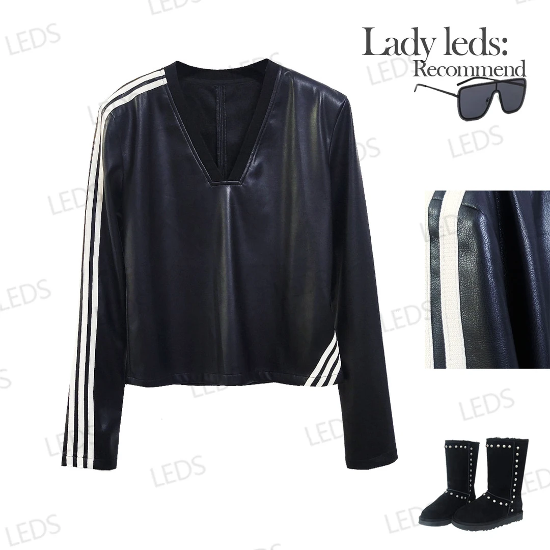 LEDS 20671【自带酷飒】经典三道杠拼接飞织V领长袖皮T恤