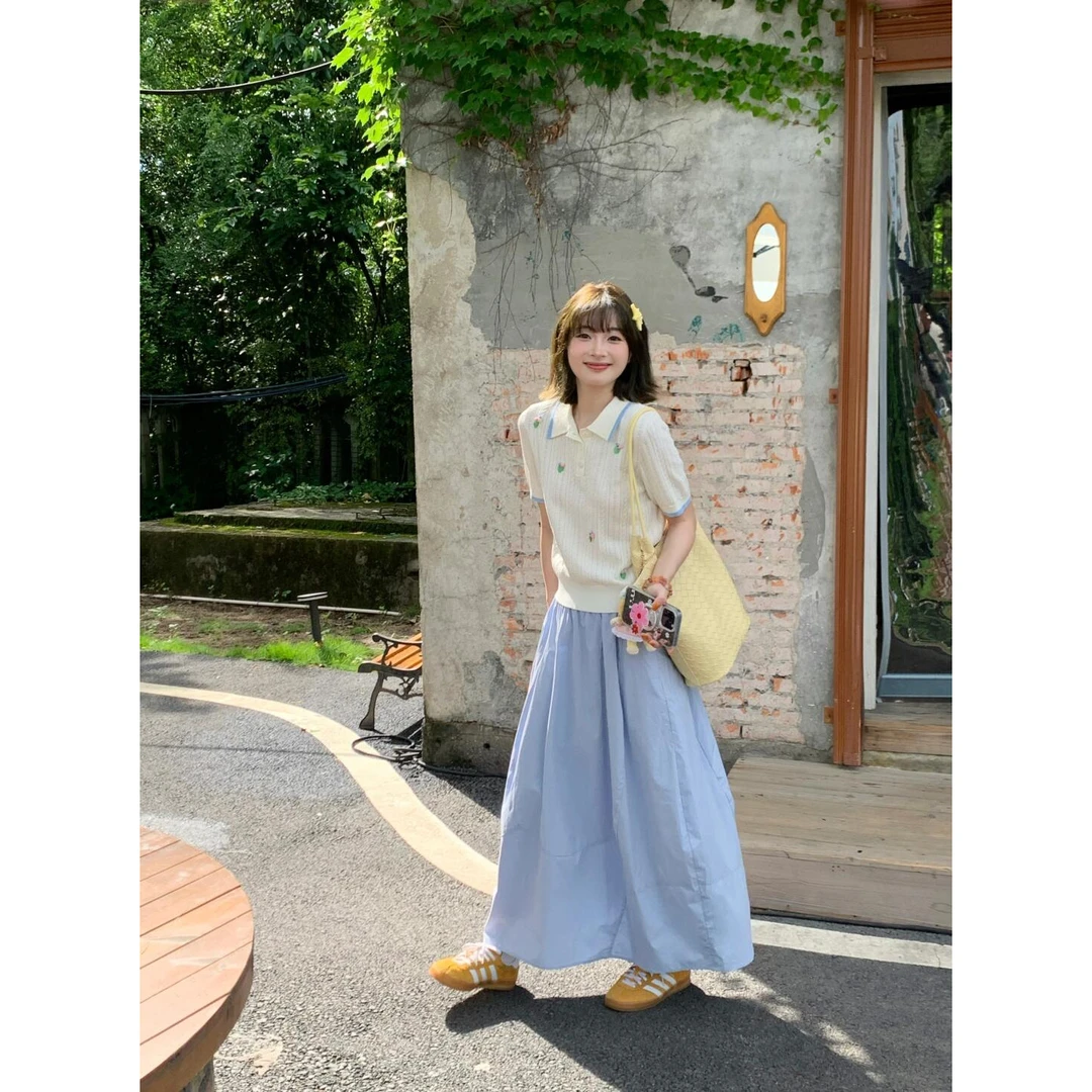 一整套ootd穿搭减龄时尚2025新款polo领针织上衣半身裙两件套装潮