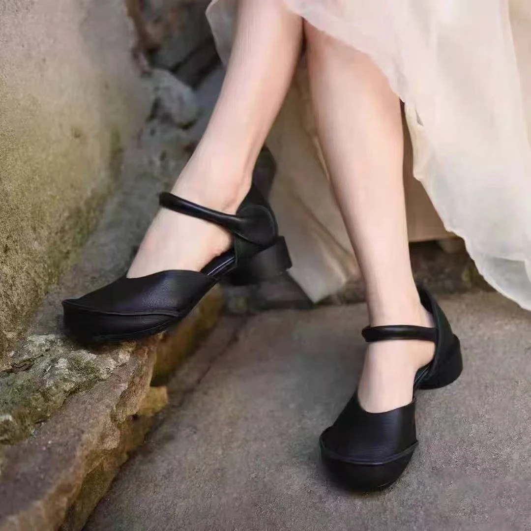 5988头层牛皮厂家罗马鞋包头低帮高帮低跟黑色粗跟单鞋凉鞋浅口