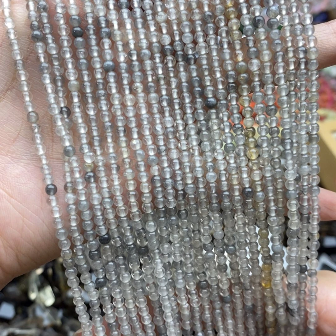 玛瑙/玉髓未镶嵌珠宝半成品一条天然云雾灰水晶圆珠3mm