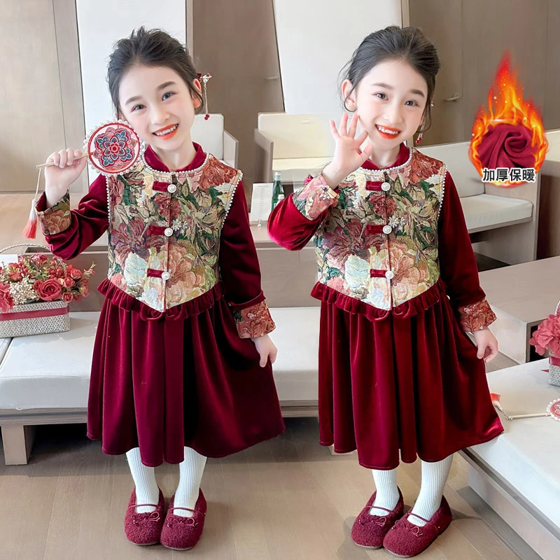 女童红色连衣裙新款洋气儿童冬季裙子秋冬装小女孩新年衣服公主裙