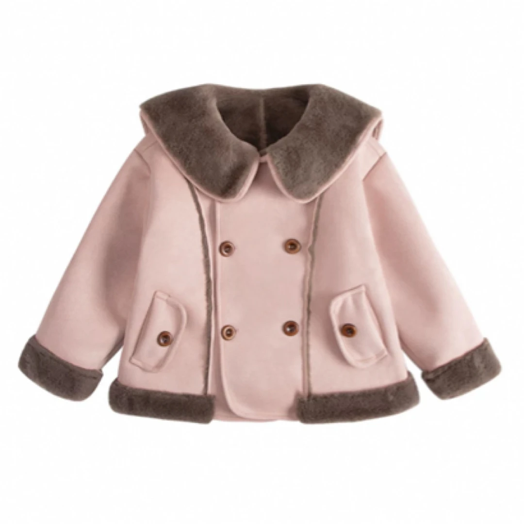 粉色皮毛一体no退no换宝宝棉服女宝中长款大翻领