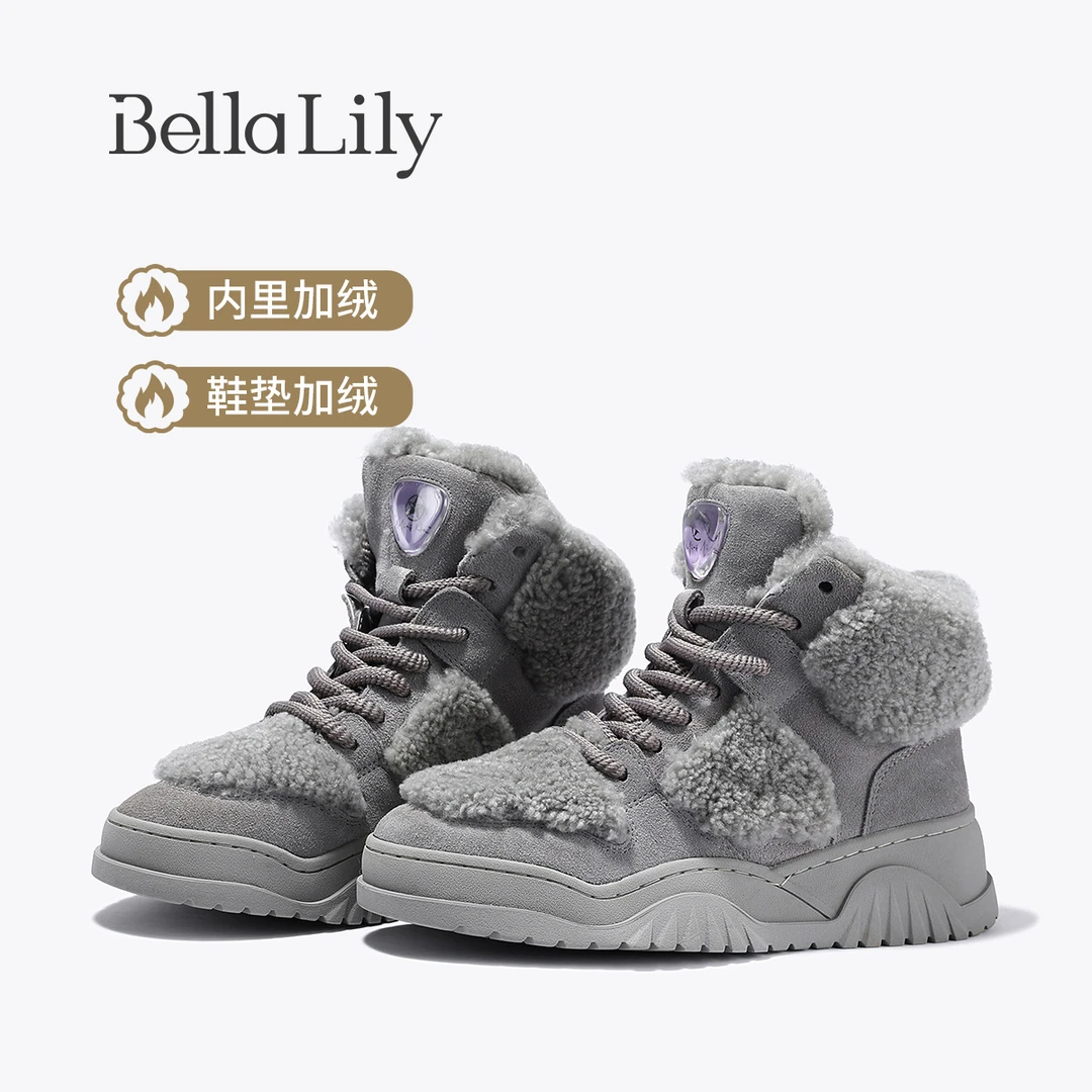 BellaLily2025冬季新款高级感厚底板鞋高帮休闲鞋加绒保暖牛皮鞋