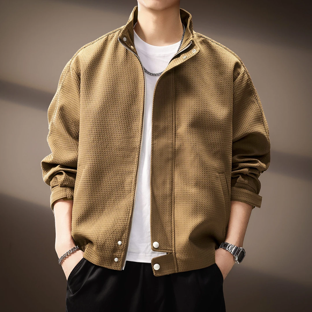 高端美式复古潮牌格纹立领夹克男士秋季加棉简约休闲猎装长袖外套