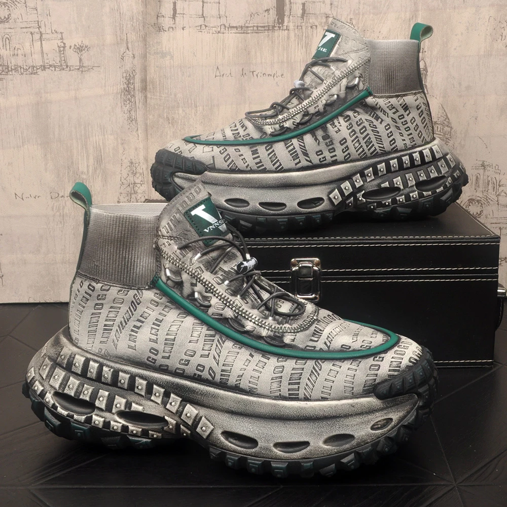 男鞋高帮复古老爹鞋2025春季新款厚底轮胎鞋男增高休闲做旧运动鞋