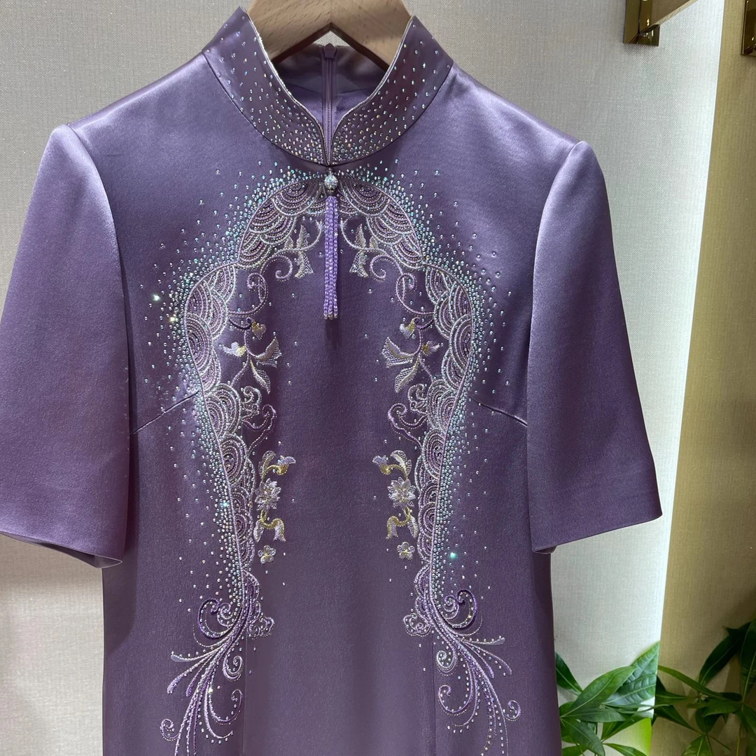 17589朱紫褕浅紫新中式喜婆婆喜妈妈婚宴旗袍紫色国风夏季礼服