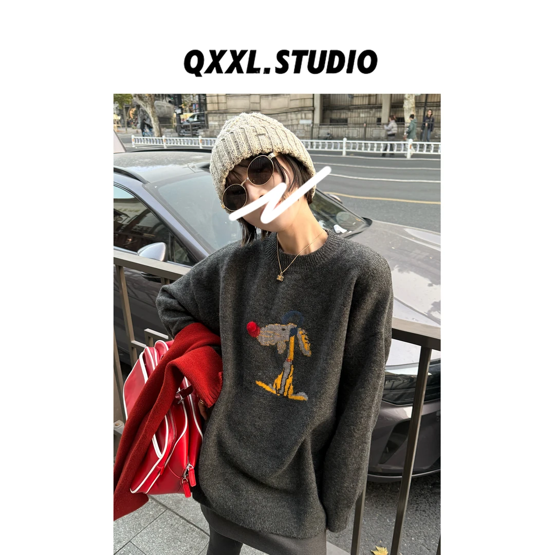 邱小小丽呀 冬季新款卡通小狗圆领针织毛衣慵懒百搭宽松套头上衣