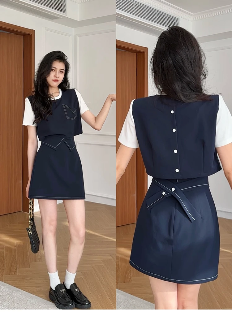 【睿智老钱】夏季立体版型明线假两件T恤+显瘦裙裤