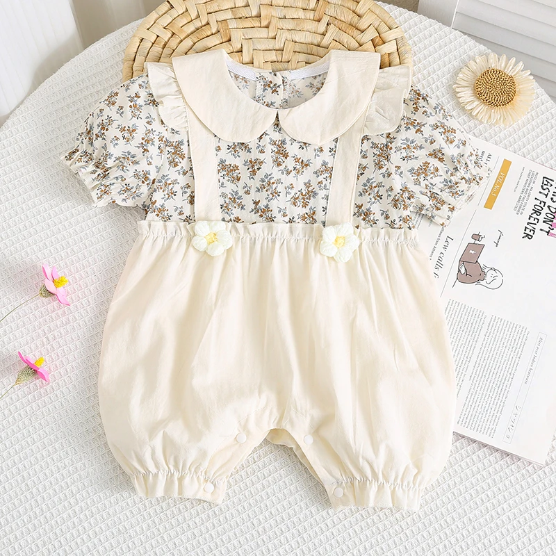 夏装韩版婴儿衣服纯棉碎花假两件娃娃领连体衣满月百日爬服外出服