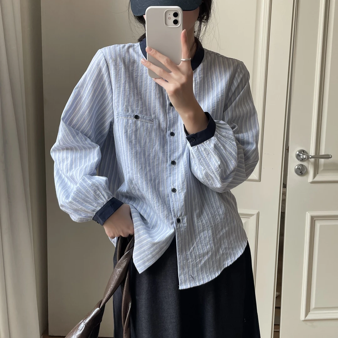 「韩系竖条纹 设计感」泡泡棉撞色领 夏季薄款防嗮显瘦宽松衬衫S060
