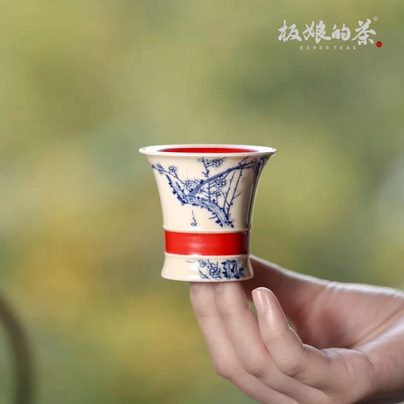 景德镇雨香斋手绘高温瓷宫墙红梅花竹节杯家用陶瓷功夫茶具35ml