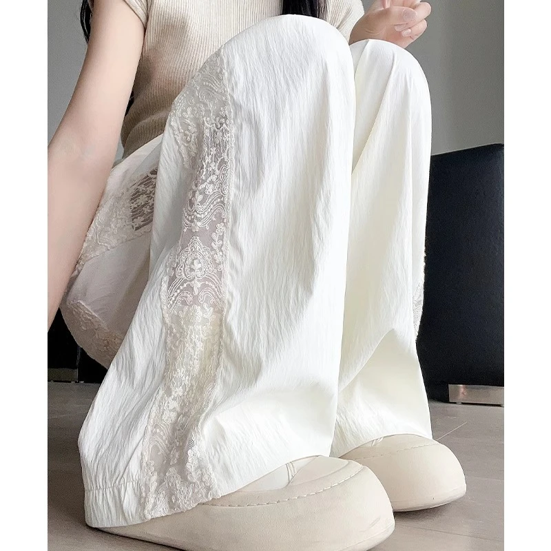 蕾丝拼接镂空阔腿裤新款女春夏2025高腰设计感宽松显瘦冰丝休闲裤