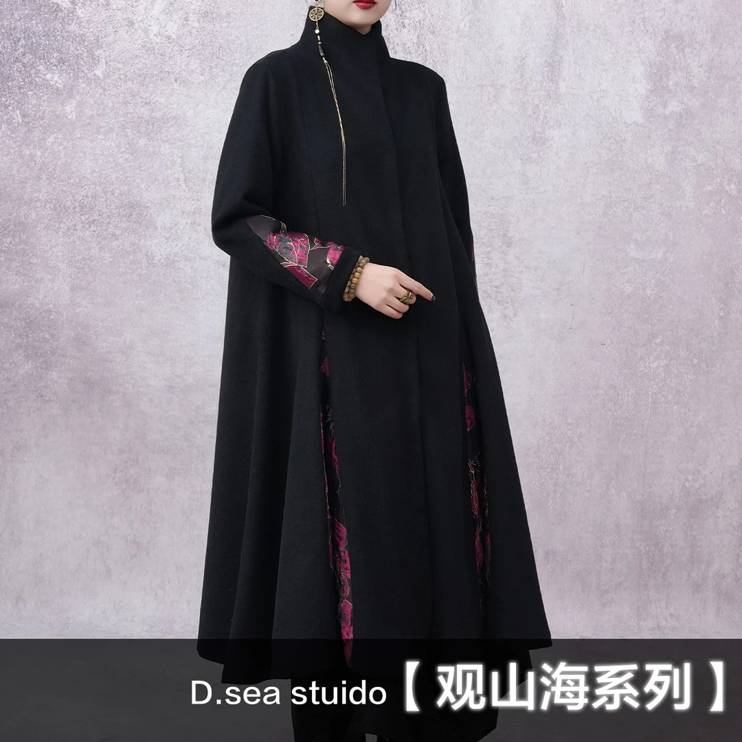 【大海轻奢】W23830新款黑色隐形暗扣刺绣设计师款时尚大衣