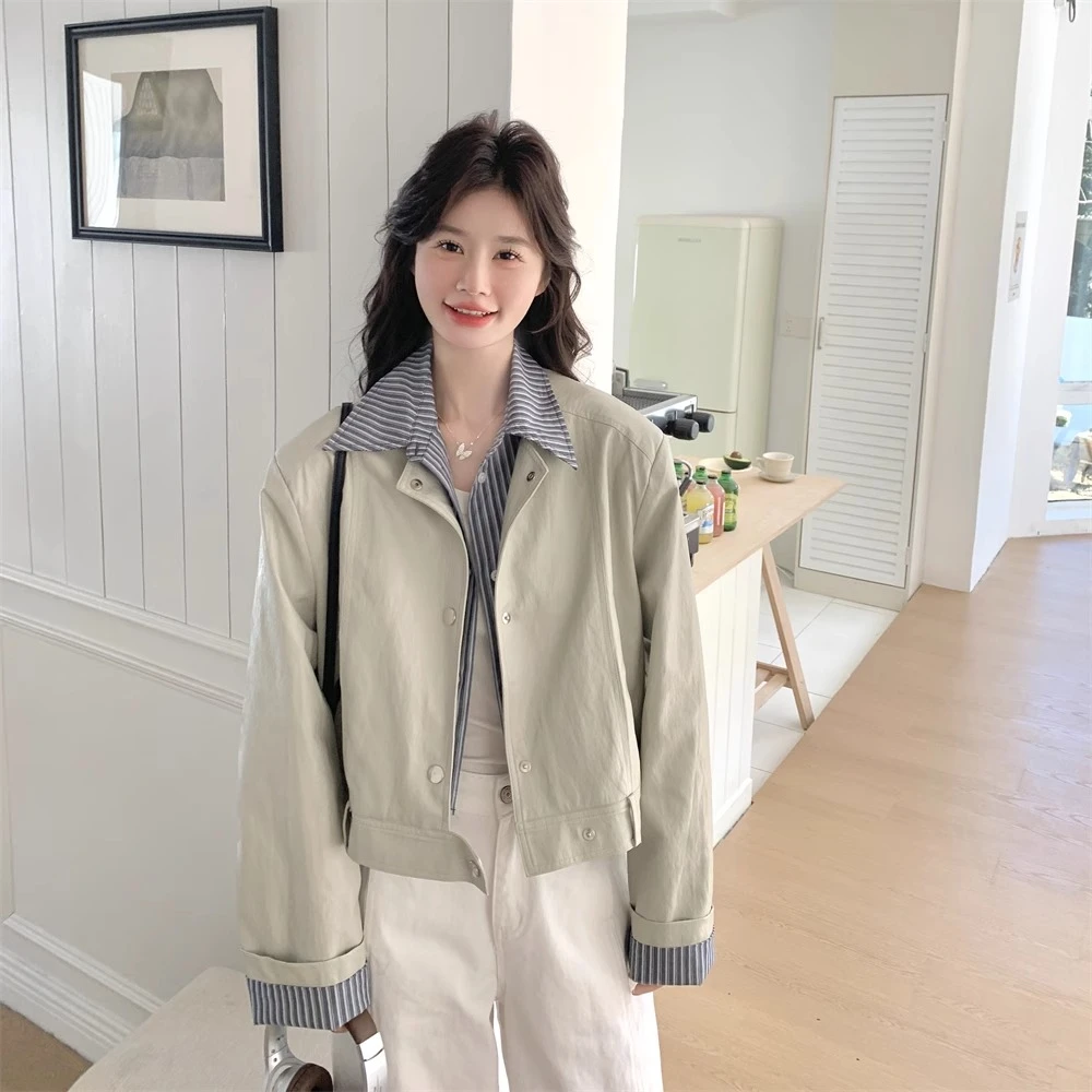 条纹衬衫领假两件皮衣外套女2025春秋季新款港风短款pu皮拼接夹克