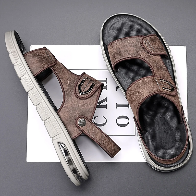 夏季沙滩鞋透气户外软底车缝线耐磨厚底休闲外穿胶粘鞋真皮大码