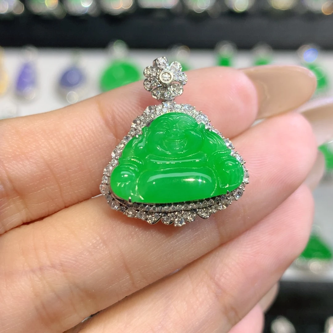 翡翠18K金镶嵌吊坠(不含链)黄阳绿