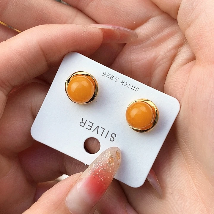 蜜蜡耳饰银S925镶嵌耳饰