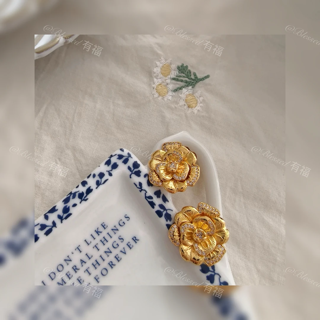 铜合金耳饰 「璨花鎏金」小众耳钉气质优雅温柔高奢百搭古法素款女6