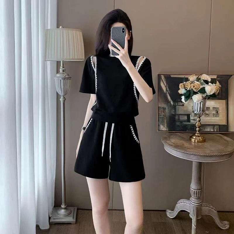 夏季运动服套装女2025新款时尚显瘦洋气宽松短袖短裤休闲两件套